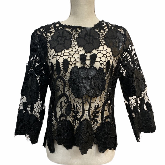 Tops - Garcia Faux Leather Floral Mesh Top
